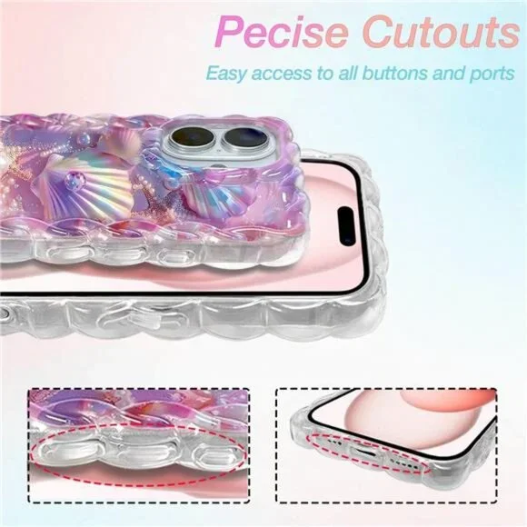 Iphone 16 15 14 13 Colorful Seashell Glossy iPhone Case with Curly Wave Border - Picture 5 of 7